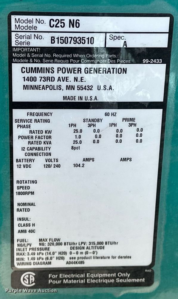 image for item EJ8548 Cummins C25 N6 generator
