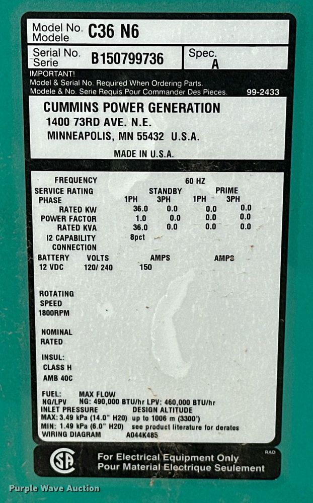 image for item EJ8550 Cummins C36 N6 generator