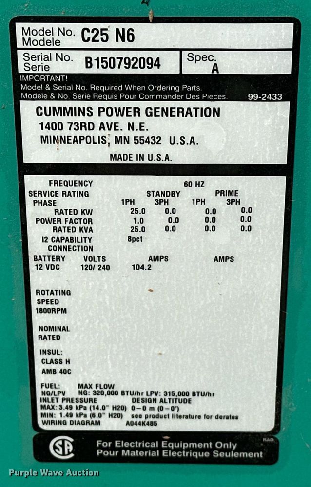 image for item EJ8553 Cummins C25 N6 generator