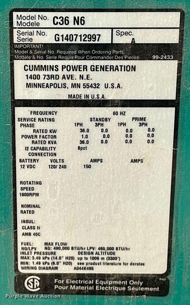 image for item EJ8556 Cummins C36 N6 generator