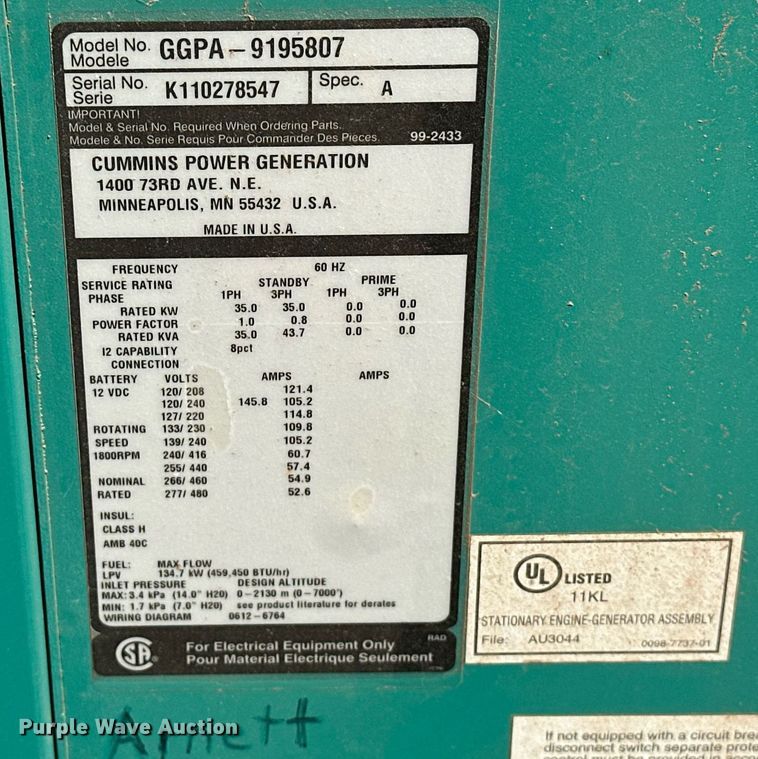image for item EJ8558 Cummins GGPA-9195807 generator