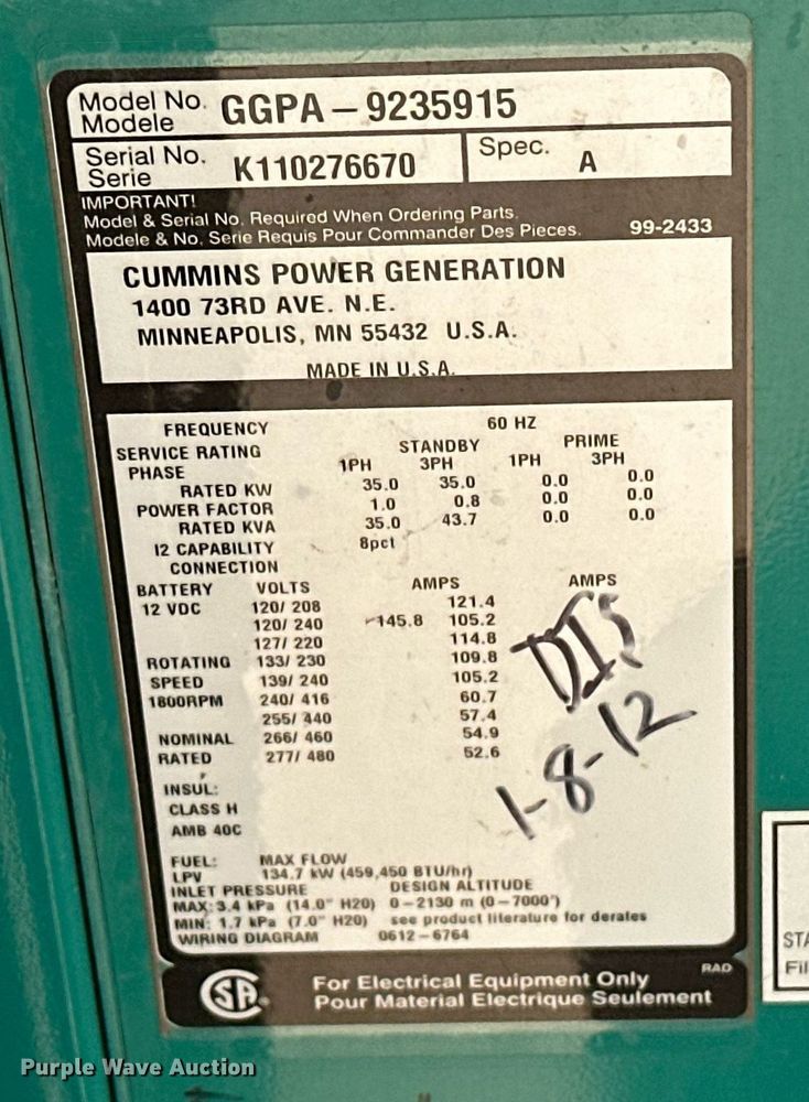 image for item EJ8560 Cummins GGPA-9235915 generator