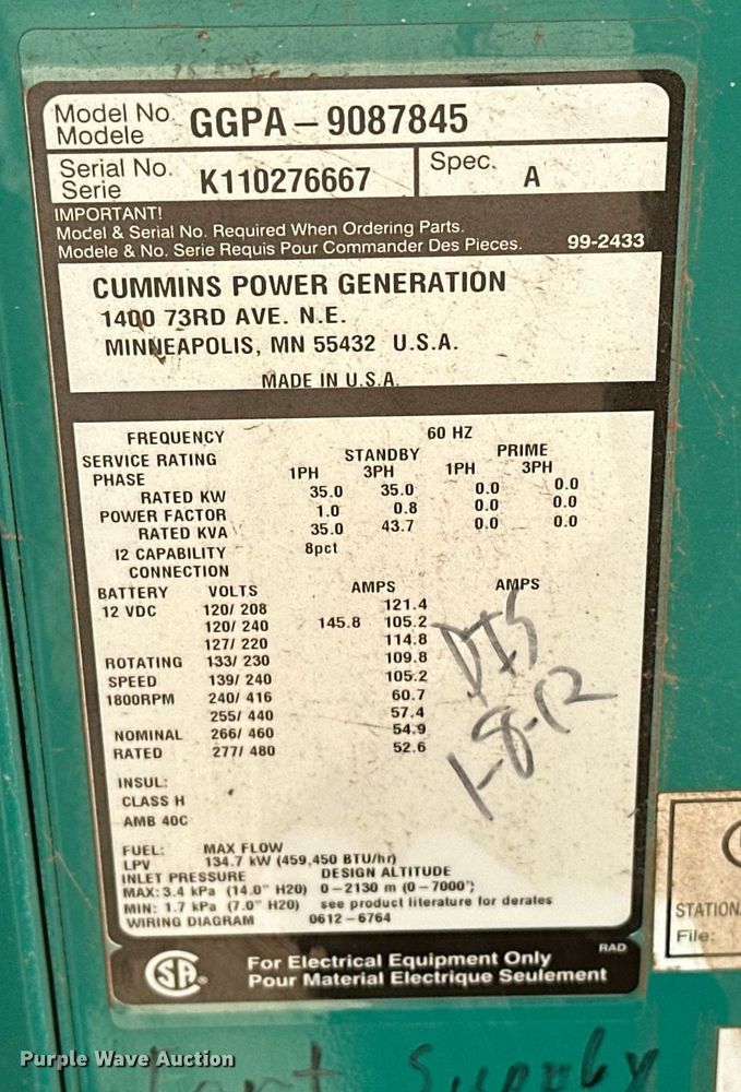 image for item EJ8561 Cummins GGPA-9087845 generator