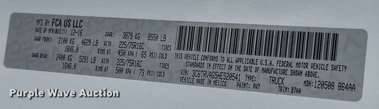 image for item EK2872 2017 Dodge ProMaster 1500 delivery van