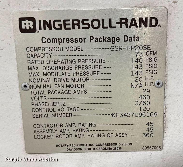 image for item EM3777 Ingersoll-Rand SSR-HO20SE air compressor