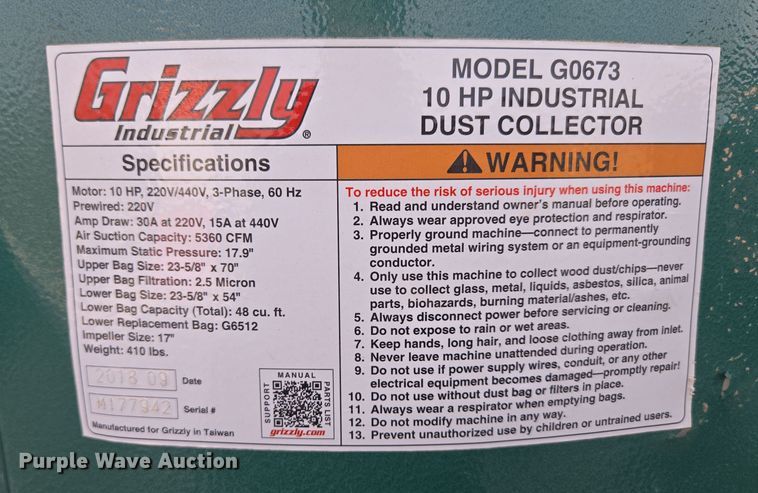 image for item EN3591 Grizzly G0673 dust collector