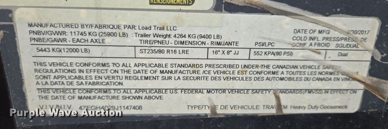 image for item EN8893 2018 Load Trail equipment trailer