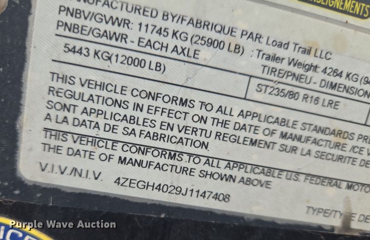 image for item EN8893 2018 Load Trail equipment trailer