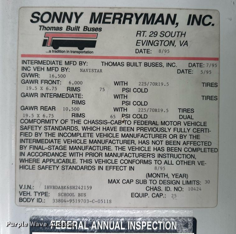 image for item EQ4592 1995 International school bus