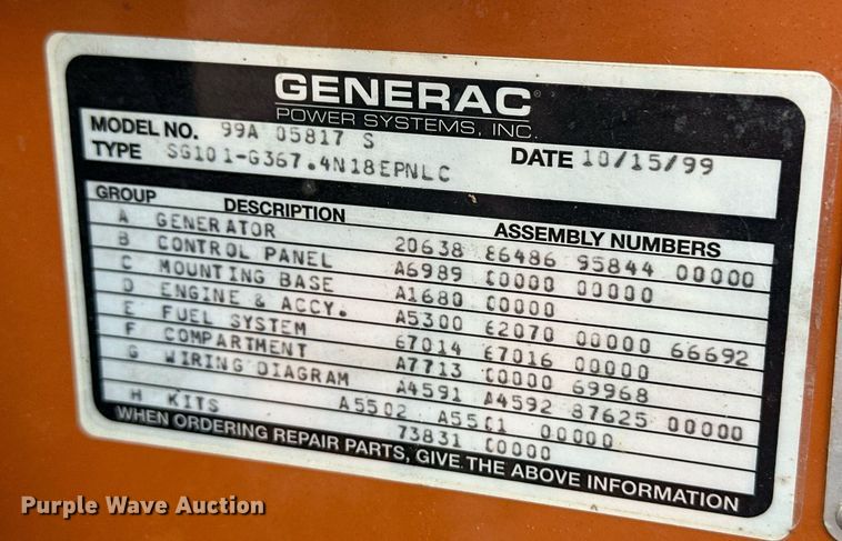 image for item EQ4597 1999 Generac 99A05817-S generator