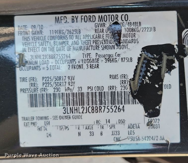 image for item NV9764 2011 Lincoln MKZ 