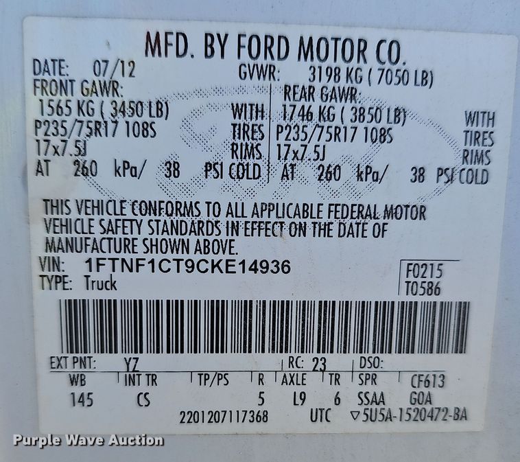 image for item OJ9136 2012 Ford F150 XL pickup truck