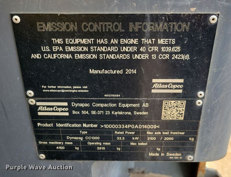 image for item DN3724 2014 Atlas Copco Dynapac CC1300 double drum roller