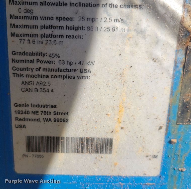 image for item DN3728 2008 Genie S-85 boom lift