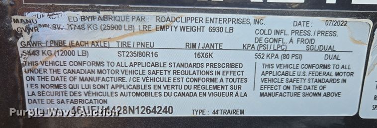 image for item DO7888 2022 RoadClipper hydraulic tail equipment trailer