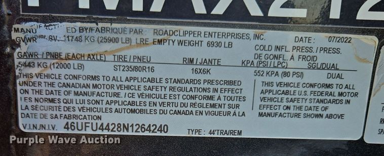 image for item DO7888 2022 RoadClipper hydraulic tail equipment trailer