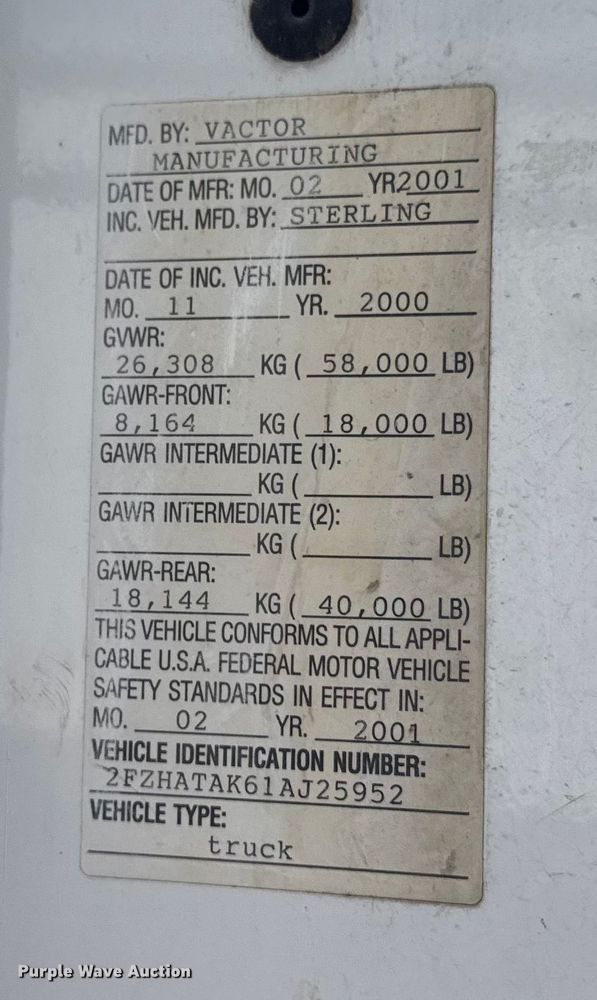 image for item DT0544 2001 Sterling 3126 sewer jetter truck