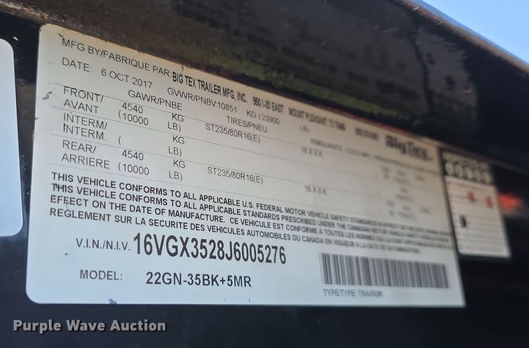 image for item DT6786 2018 Big Tex 22GN equipment trailer