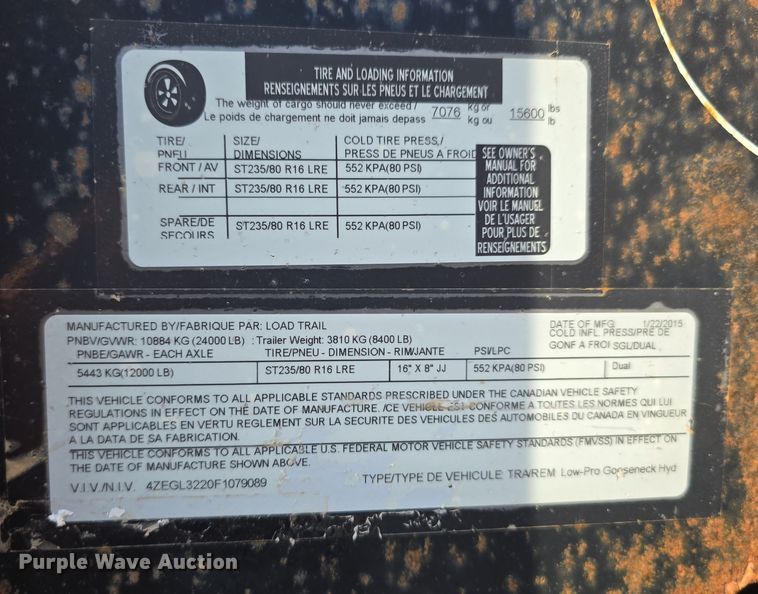 image for item DT6792 2015 Load Trail Load Max Low-Pro equipment trailer