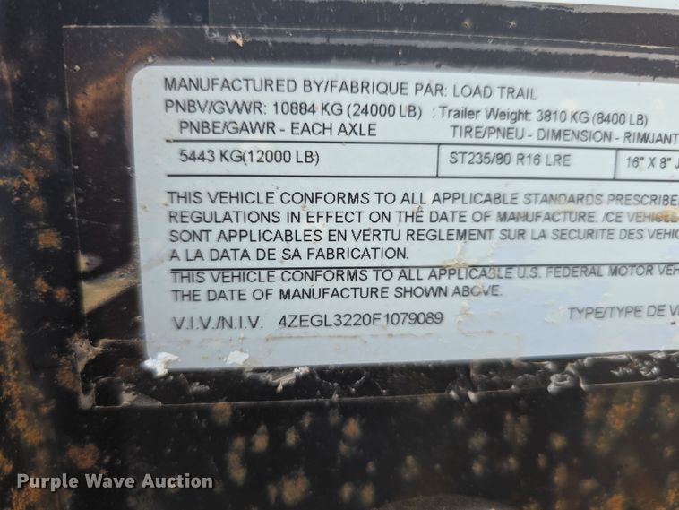 image for item DT6792 2015 Load Trail Load Max Low-Pro equipment trailer