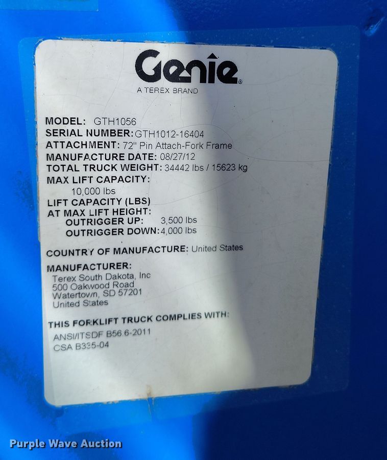 image for item DV6735 2012 Genie GTH1056 telehandler