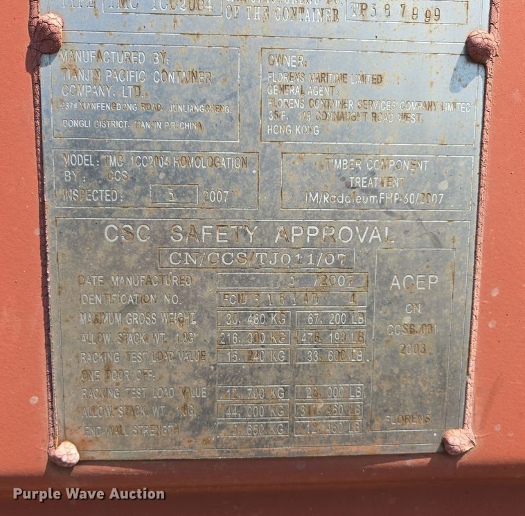 image for item DW8697 2007 Tianjin Pacific Container Company TMC1CC2004 storage container