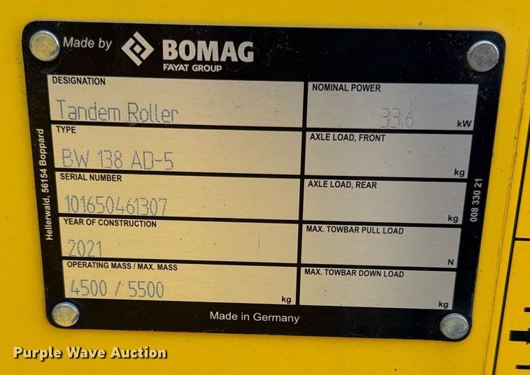 image for item ED4203 2021 Bomag BW138AD-5 double drum vibratory roller