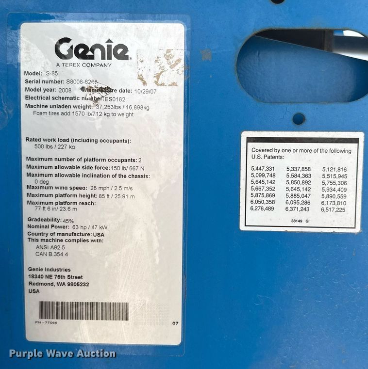 image for item ED5572 2008 Genie S-85 boom lift