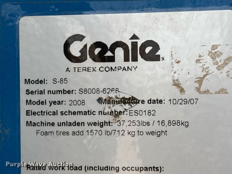 image for item ED5572 2008 Genie S-85 boom lift