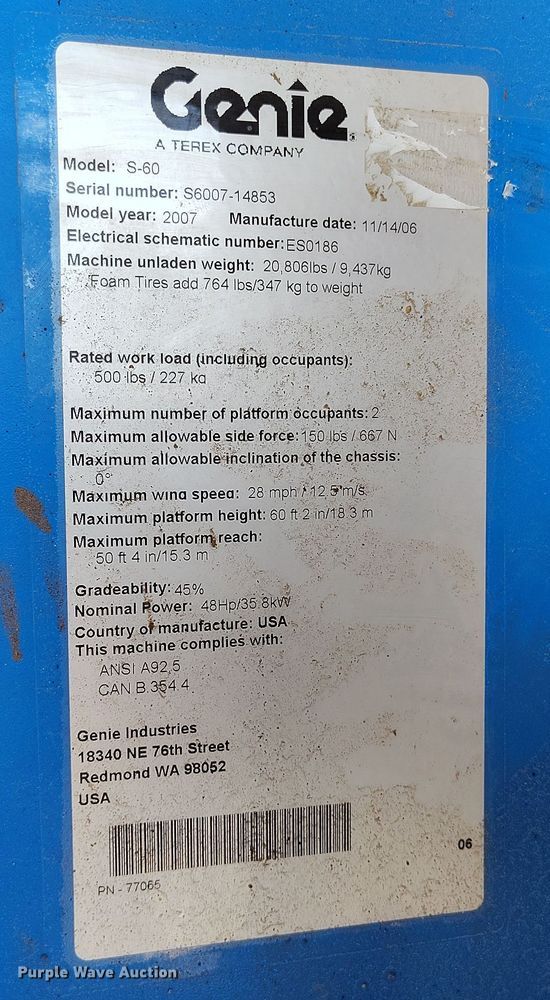 image for item EH0222 2007 Genie S-60  boom lift
