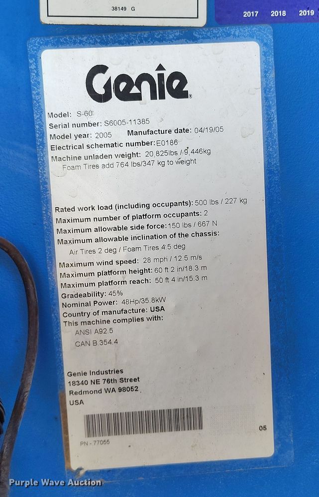 image for item EH0223 2005 Genie S-60 boom lift