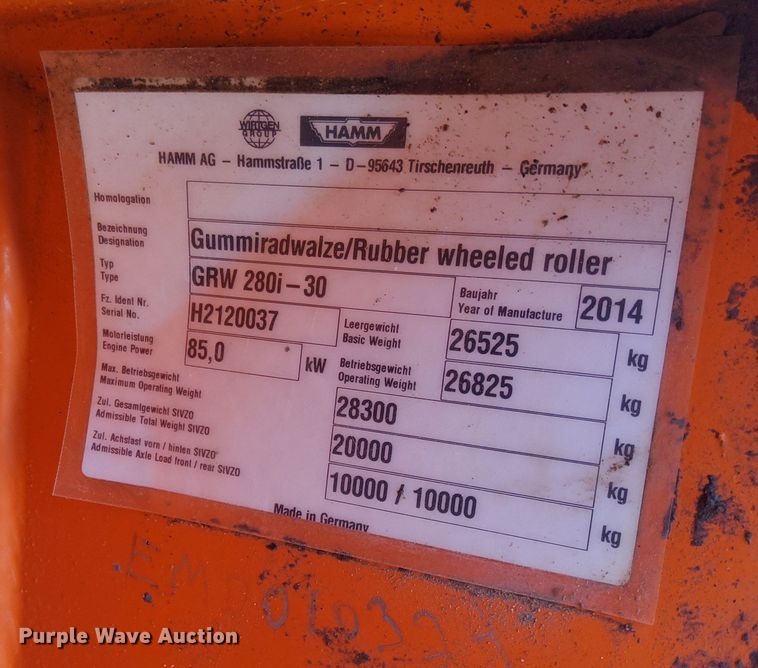 image for item EH0270 2014 Hamm GRW 280i-30 pneumatic roller