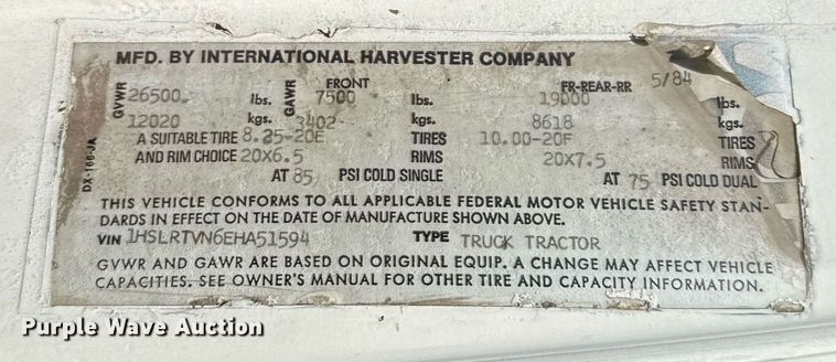 image for item EJ3632 1984 International 1955 truck cab and chassis with crash attenuator