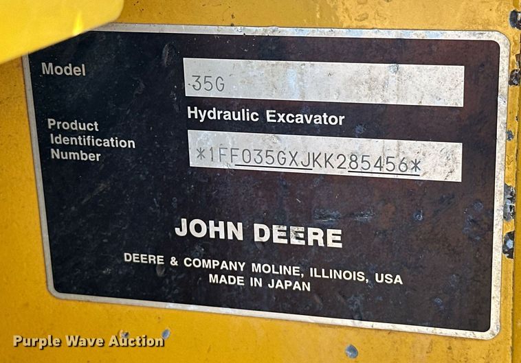 image for item EJ8628 2019 John Deere 35G mini excavator