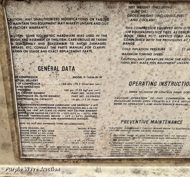 image for item EM3771 1987 Ingersoll Rand P-160A-W-W air compressor