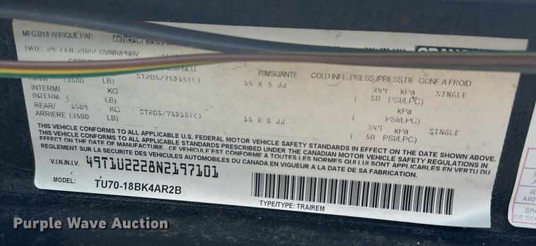 image for item ER5195 2022 Contract Manufactruing TU70 utility trailer