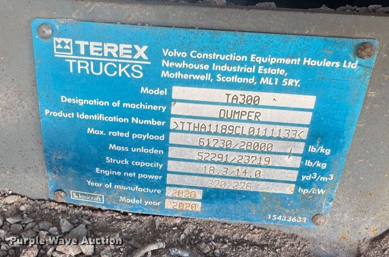 image for item YA0448 2020 Terex TA300 articulated haul truck