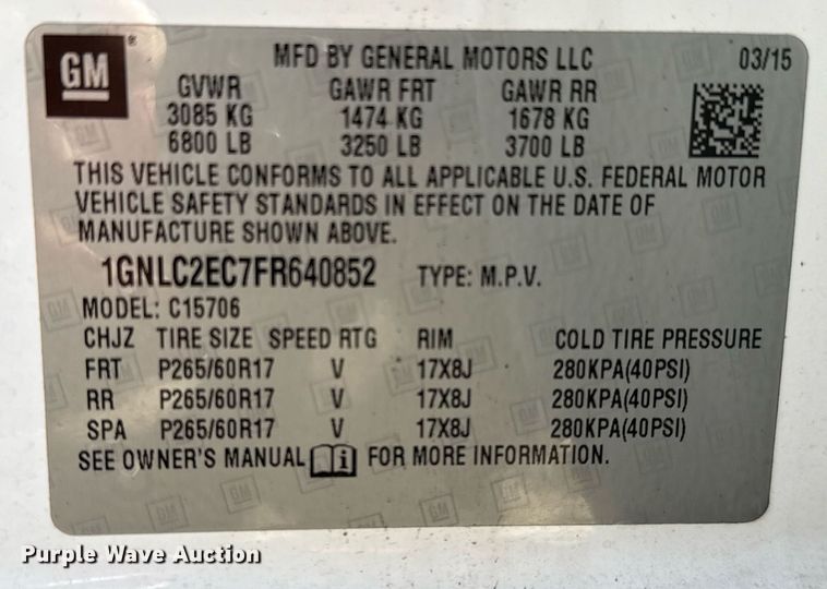 image for item DJ0915 2015 Chevrolet Tahoe Police SUV