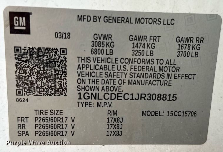 image for item DJ0928 2018 Chevrolet Tahoe Police SUV