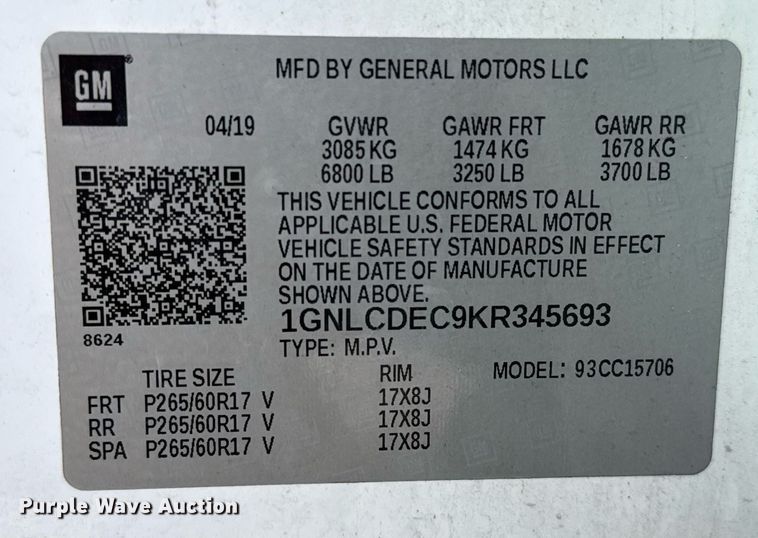 image for item DJ0929 2019 Chevrolet Tahoe Police SUV