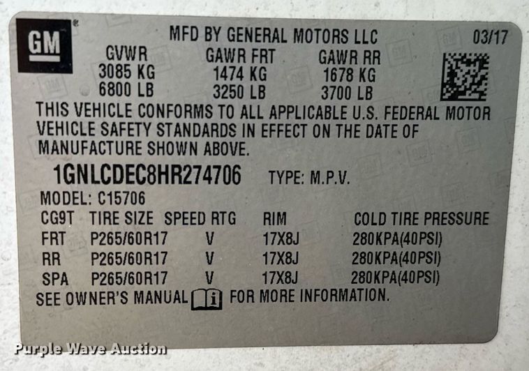 image for item DJ0930 2017 Chevrolet Tahoe Police SUV