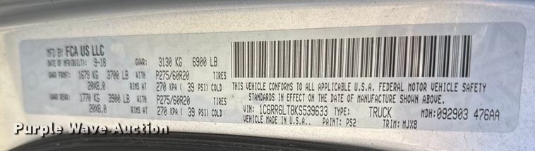 image for item DJ0933 2019 Dodge Ram 1500 Crew Cab pickup truck