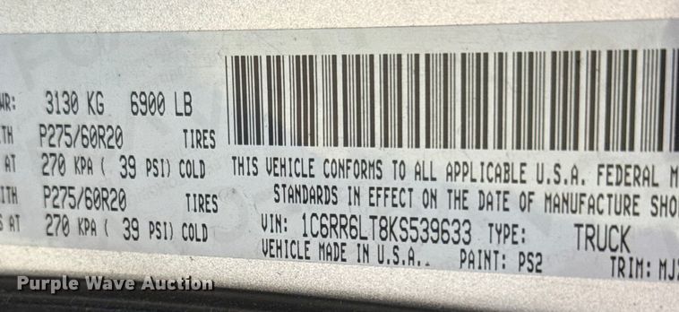 image for item DJ0933 2019 Dodge Ram 1500 Crew Cab pickup truck