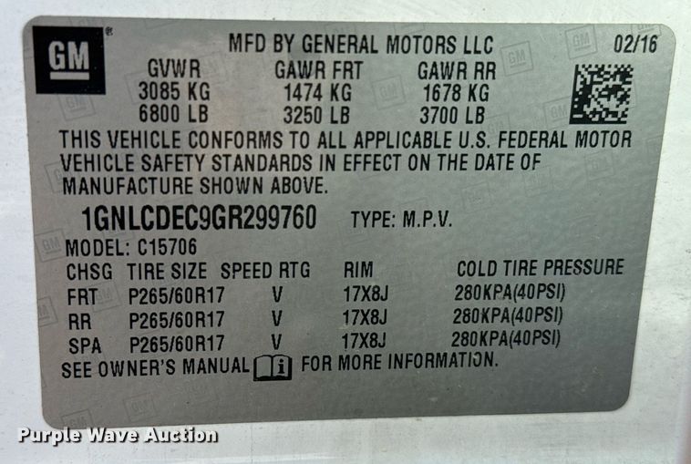 image for item DJ0935 2016 Chevrolet Tahoe Police SUV