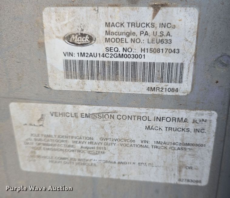 image for item DO7904 2016 Mack LEU633 refuse truck
