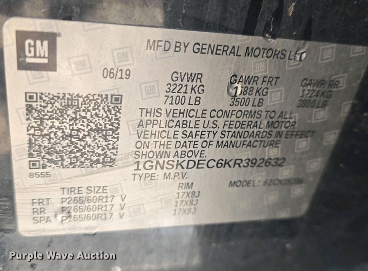 image for item DQ5313 2019 Chevrolet Tahoe Police  SUV