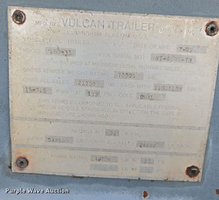 image for item DT7124 1979 Vulcan LBD-35 lowboy equipment trailer