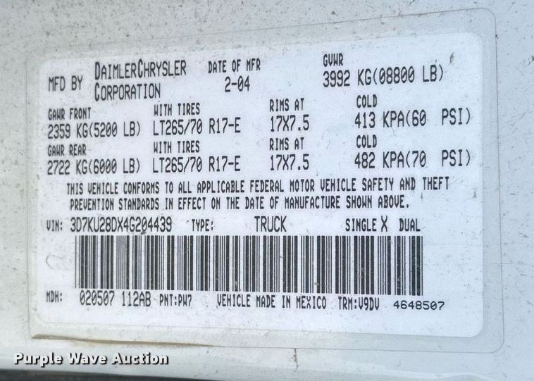 image for item DT7167 2004 Dodge Ram 2500 Quad Cab utility bed pickup truck