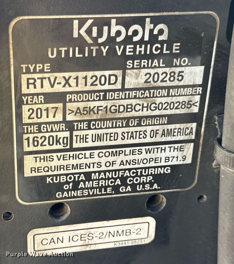 image for item DV1907 2017 Kubota RTV 1120D utility vehicle
