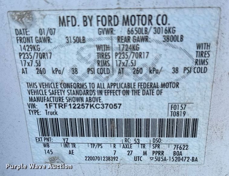 image for item EG6196 2007 Ford F150 XL pickup truck